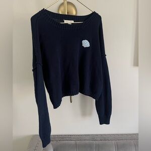 Happily Grey Navy Blue Sweater coastal beachy cropped with Shell Detail size XL